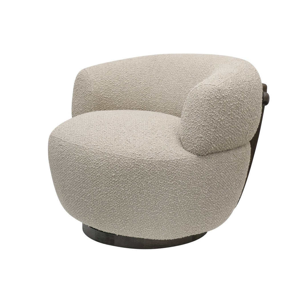 Curved boucle swivel armchair in off-white with a modern sculptural design and dark wood base, perfect for contemporary living spaces