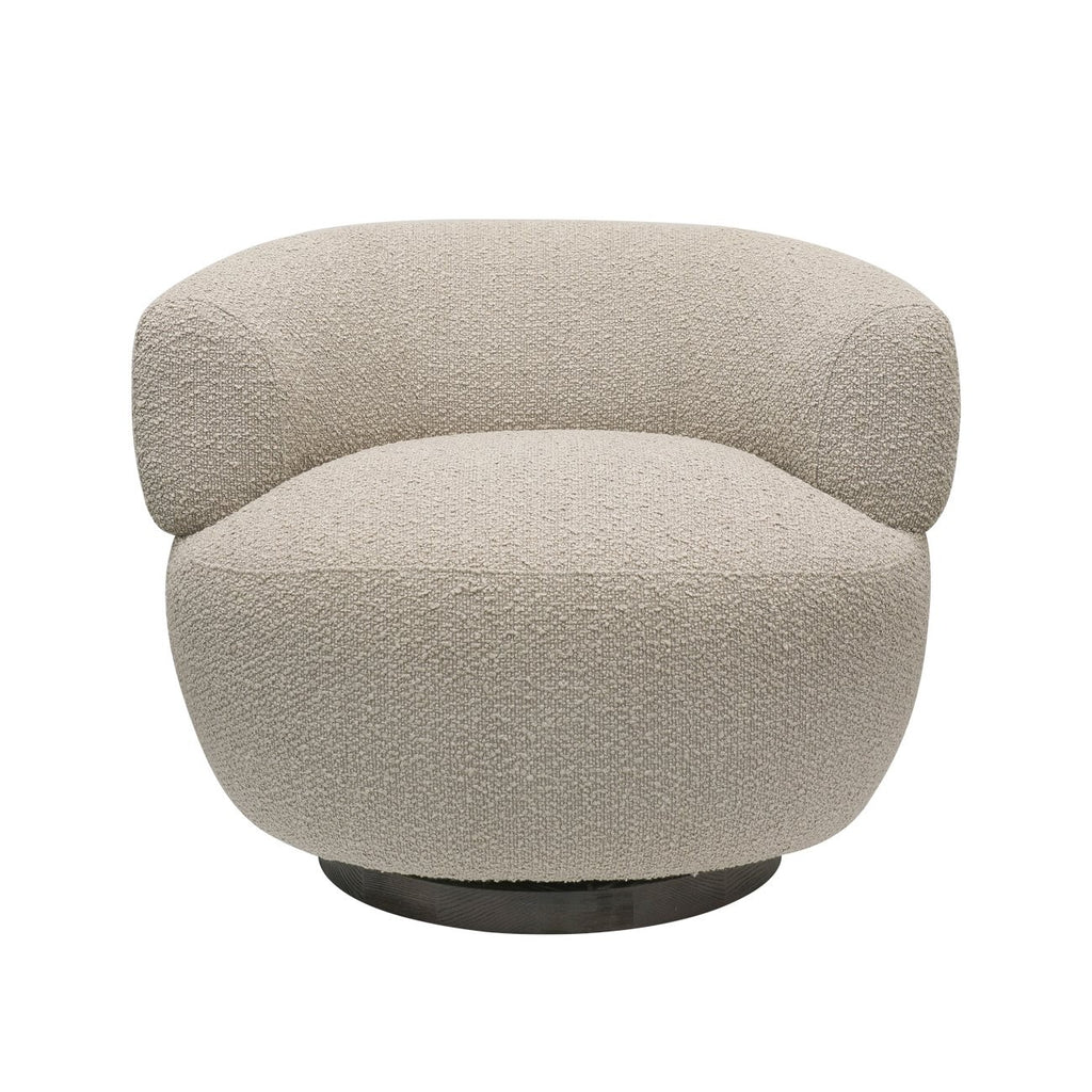 Modern boucle swivel chair in ivory with rounded backrest and dark wood base, front-facing angle