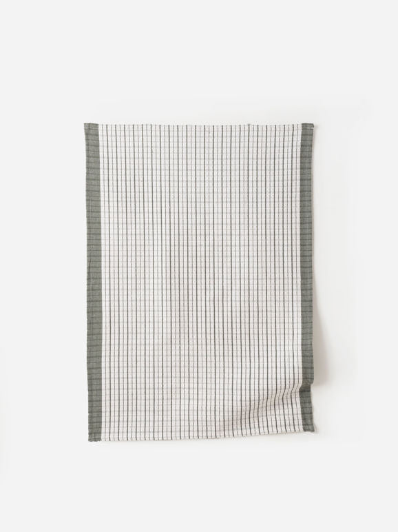 Olive green and white grid-patterned linen tea towel with dark edging, displayed flat against a white background.