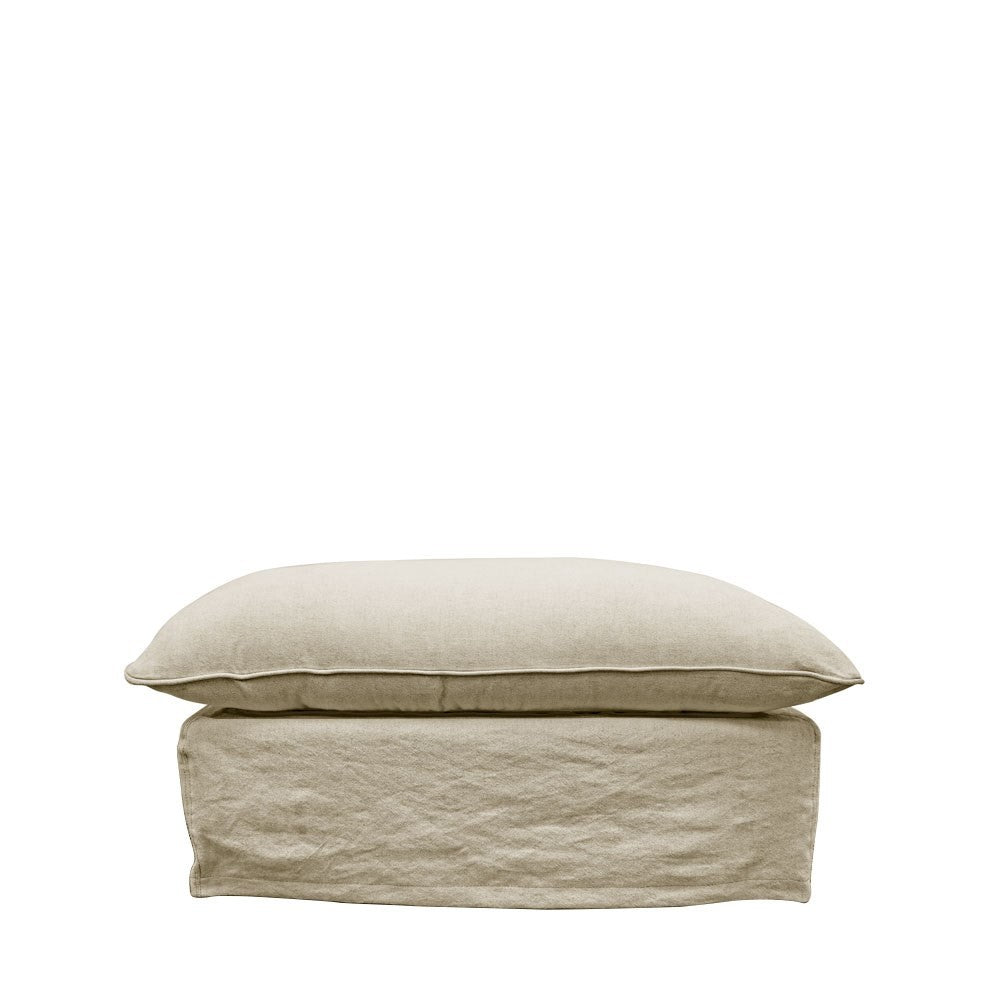 Khaki linen ottoman with a slightly warmer natural tone, featuring a padded top and clean skirted base.