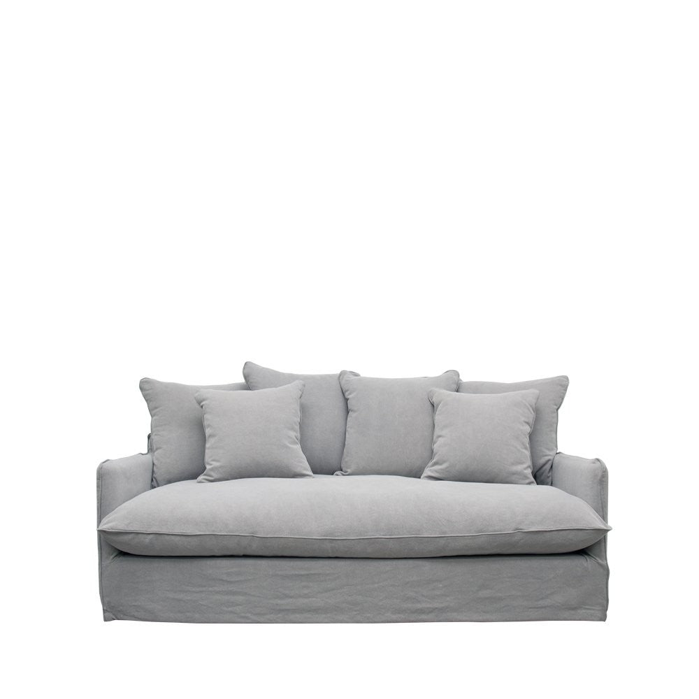 Three-seater sofa in soft light grey linen with deep seat and five plush cushions for ultimate comfort.