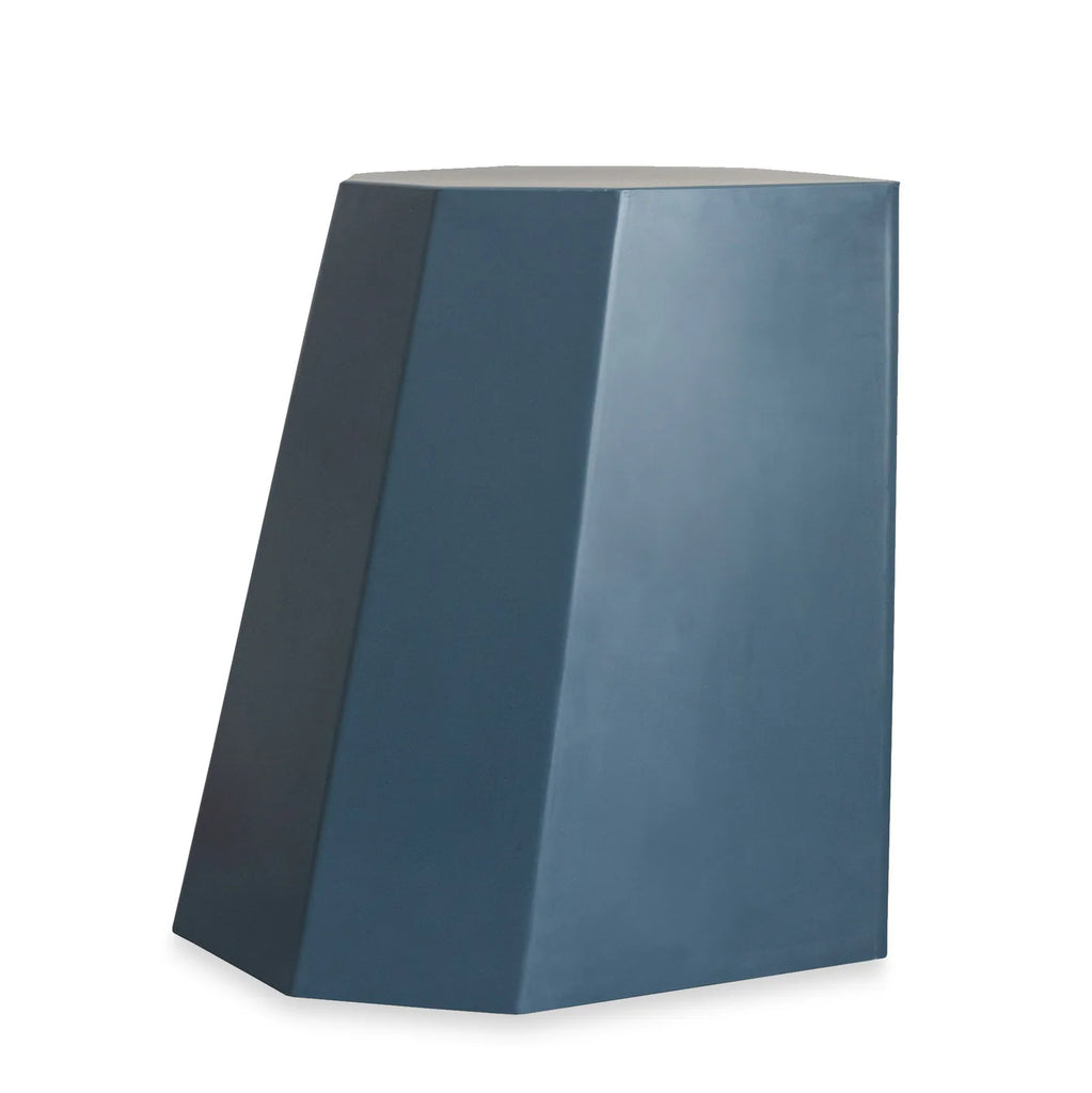 Navy blue geometric metal stool with clean angular lines and a matte finish, suitable for indoor or outdoor settings
