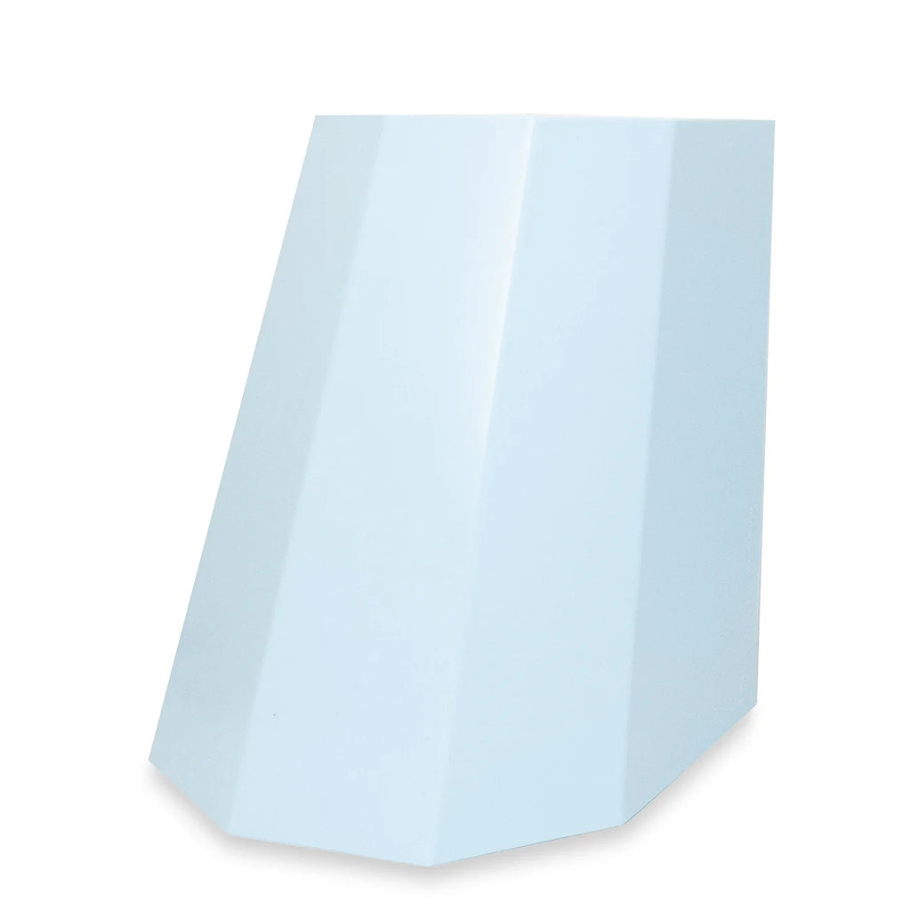 Glossy pale blue faceted stool with a modern geometric shape, perfect as a striking accent piece or compact side table.
