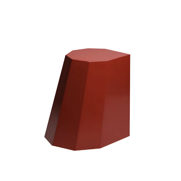 Heritage red geometric metal stool with a modern, angular silhouette and rich matte finish, suitable for indoor or outdoor spaces