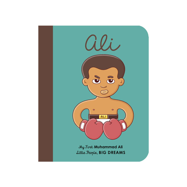 Children’s board book “Ali” from the Little People, BIG DREAMS series, featuring Muhammad Ali in cartoon illustration with red boxing gloves