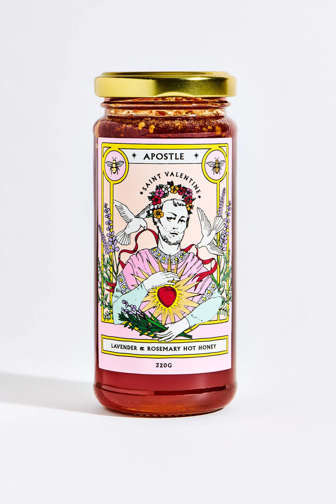 Jar of Apostle Lavender & Rosemary Hot Honey, 320g, with a Saint Valentine illustrated label and gold lid, showcasing infused chilli and botanicals