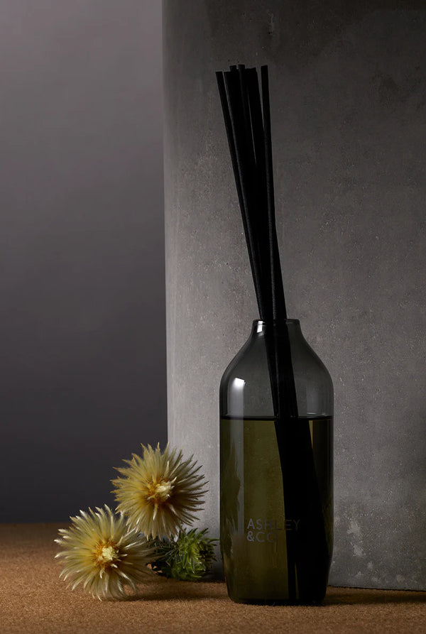 Ashley & Co home fragrance diffuser in smoky glass bottle with black reeds, styled with dried native florals against a dark concrete background.