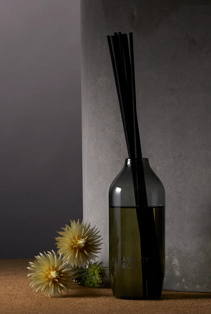Ashley & Co home fragrance diffuser in smoky glass bottle with black reeds, styled with dried native florals against a dark concrete background.