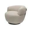 Curved boucle swivel armchair in off-white with a modern sculptural design and dark wood base, perfect for contemporary living spaces