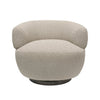 Modern boucle swivel chair in ivory with rounded backrest and dark wood base, front-facing angle