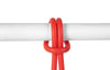 A bright red plastic hanging loop or knot accessory shown against a white background, wrapped around a white horizontal bar.