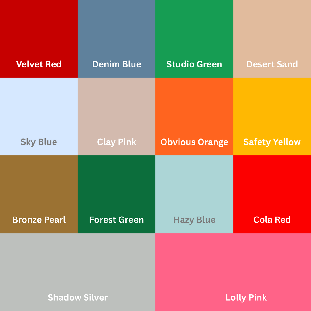 A 4x4 grid of color swatches with labeled names including Velvet Red, Denim Blue, Studio Green, Desert Sand, Sky Blue, Clay Pink, Obvious Orange, Safety Yellow, Bronze Pearl, Forest Green, Hazy Blue, Cola Red, Shadow Silver, and Lolly Pink.