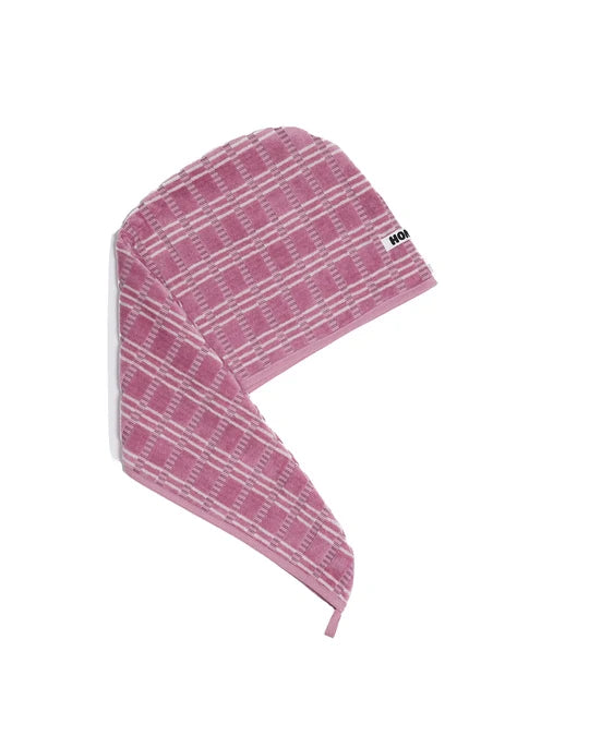 Pink hair wrap with a logo on a light gray background