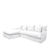 Crisp white linen modular sectional with clean lines, multiple back cushions, and a full skirted base.
