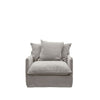 Modern oversized armchair in soft light grey linen with deep seat and plush back cushions.
