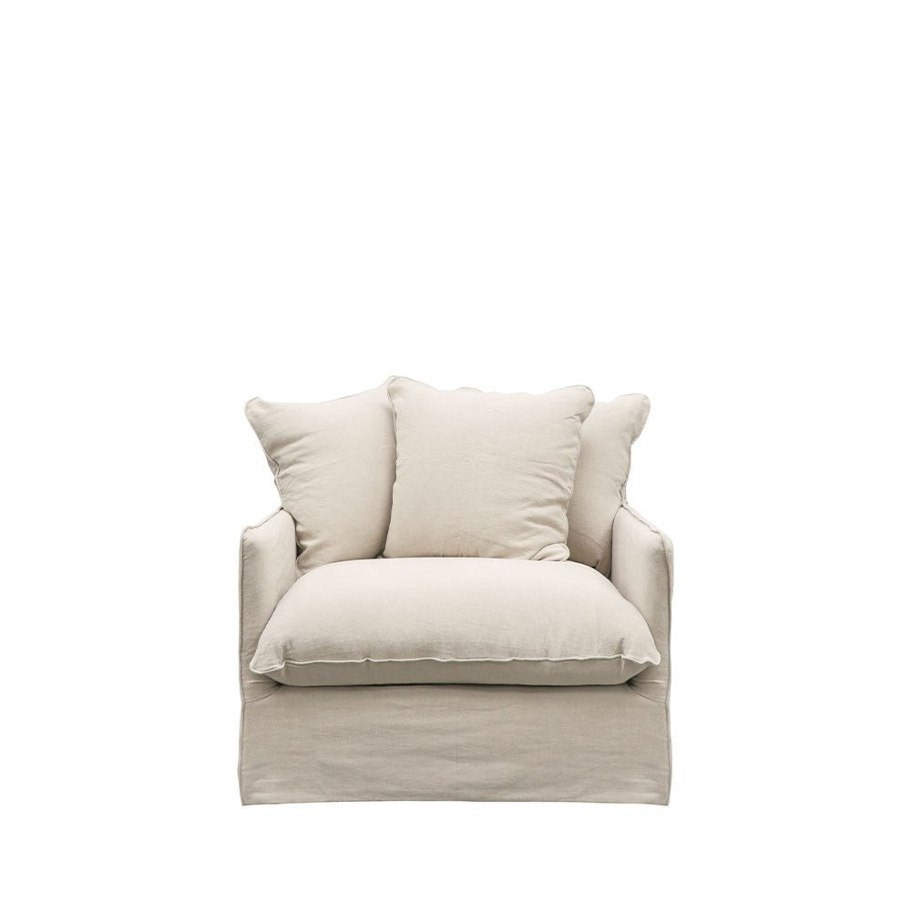 Classic armchair in warm oatmeal linen with rounded arms and plush back support.