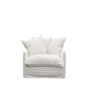 Classic armchair in warm oatmeal linen with rounded arms and plush back support.
