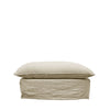 Khaki linen ottoman with a slightly warmer natural tone, featuring a padded top and clean skirted base.
