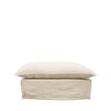 Front view of a rectangular ottoman in a soft oatmeal linen cover, with matching cushion top and tailored skirt base.