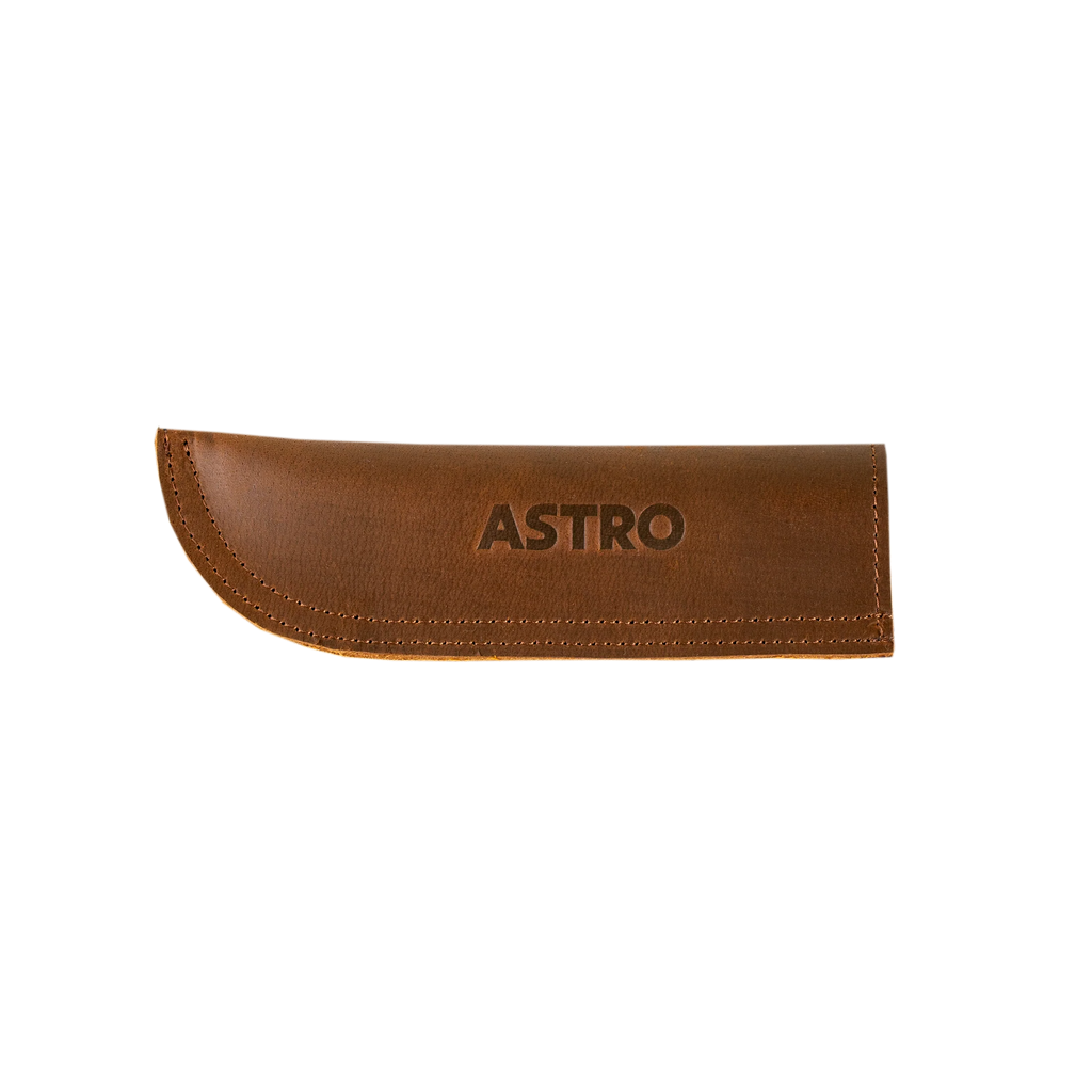 Brown leather pan Handle with 'ASTRO' branding 