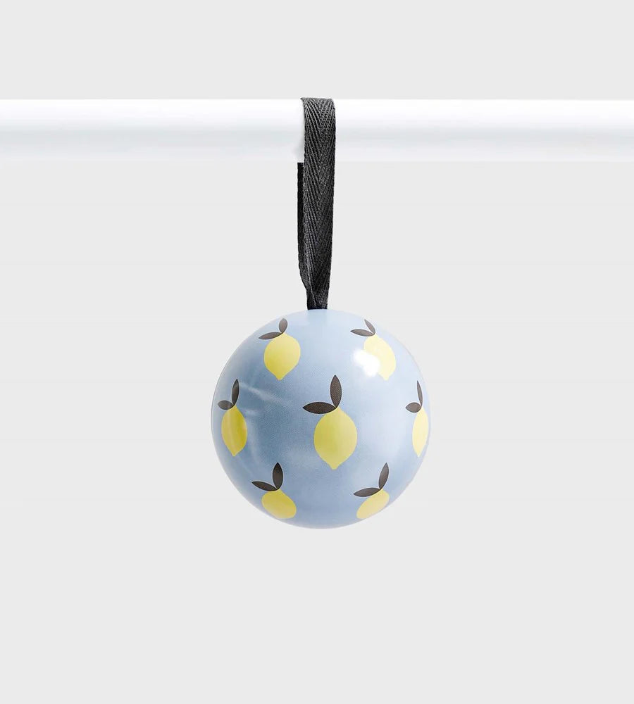 Pale blue ceramic ornament decorated with a repeating lemon and leaf pattern, hanging from a black ribbon against a light grey background