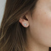 Close-up of an ear wearing a lily stud earring with pearl model wears sterling silver