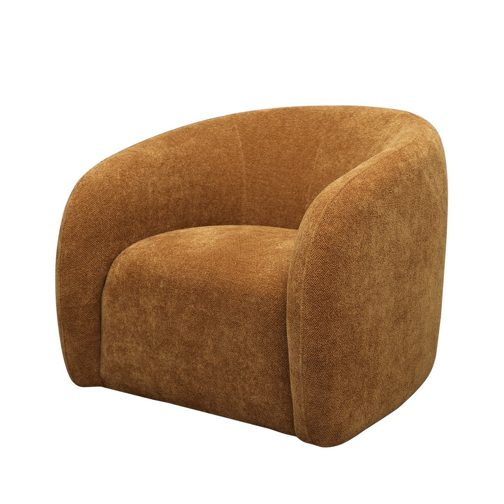 Curved armchair upholstered in rich ochre boucle fabric with a low, sculptural silhouette.