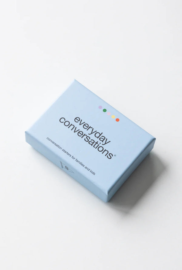 Light blue box of “Everyday Conversations” cards for families and kids, designed to encourage meaningful chats and connection