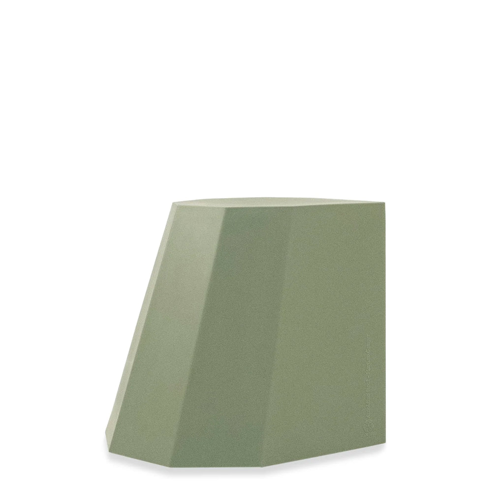 Sage green geometric metal stool with soft matte finish and angular design, ideal for modern indoor or outdoor spaces