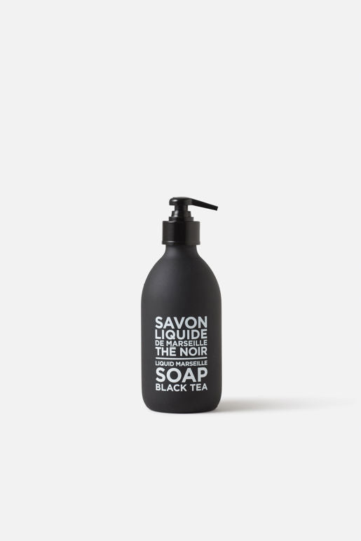 Black soap bottle with pump made in France, black tea