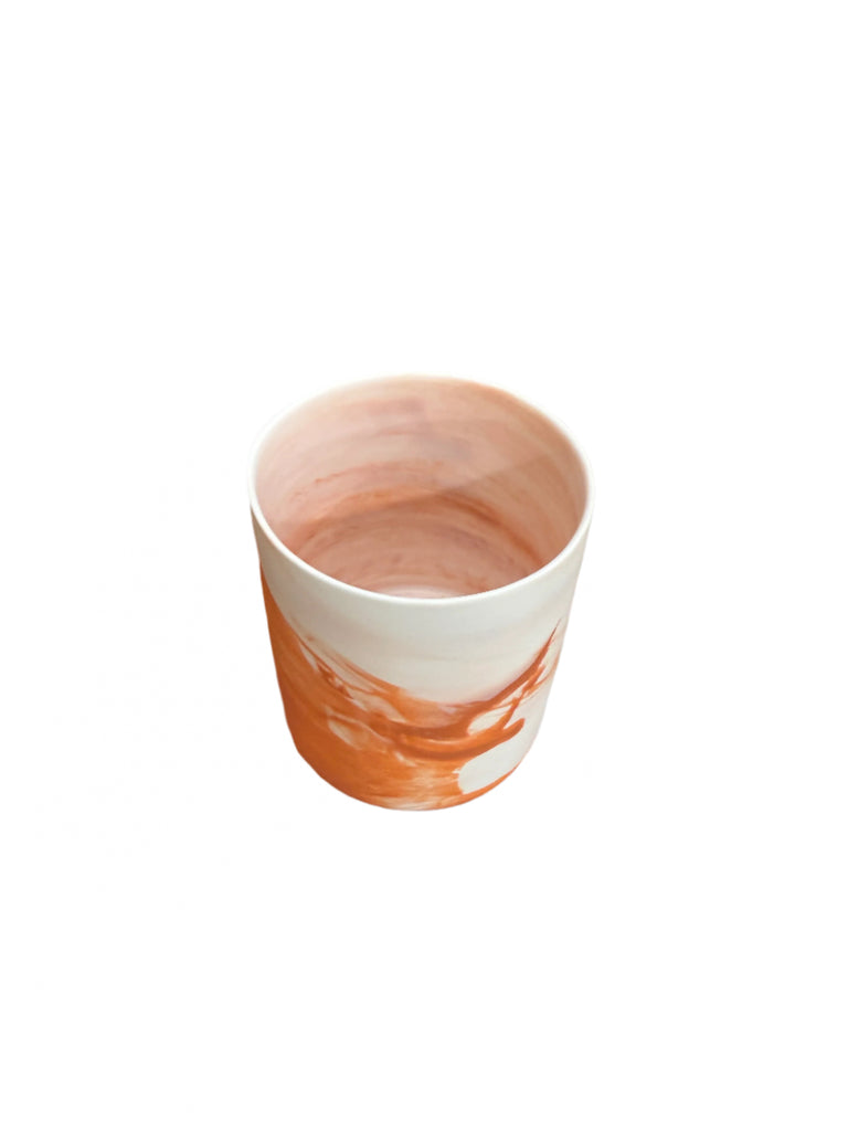 small ceramic tea light holder made in Copenhagen orange marbled 