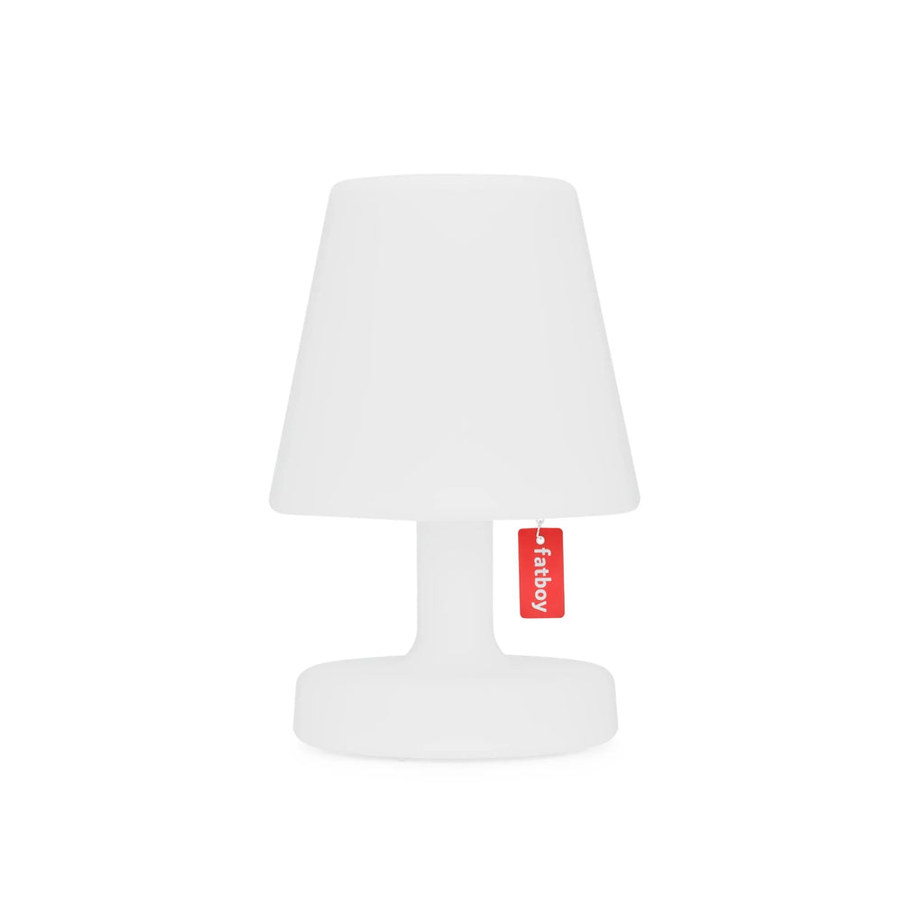 White outdoor lamp with a red label on a white background