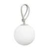 A minimalist modern pendant light featuring a matte white spherical shade and a light gray braided loop handle, shown against a solid white background.