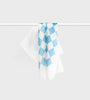 White cotton tea towel with a blue diamond-check pattern, neatly draped over a white rail.