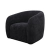 Modern curved armchair in deep charcoal boucle with a low-profile, sculptural design.
