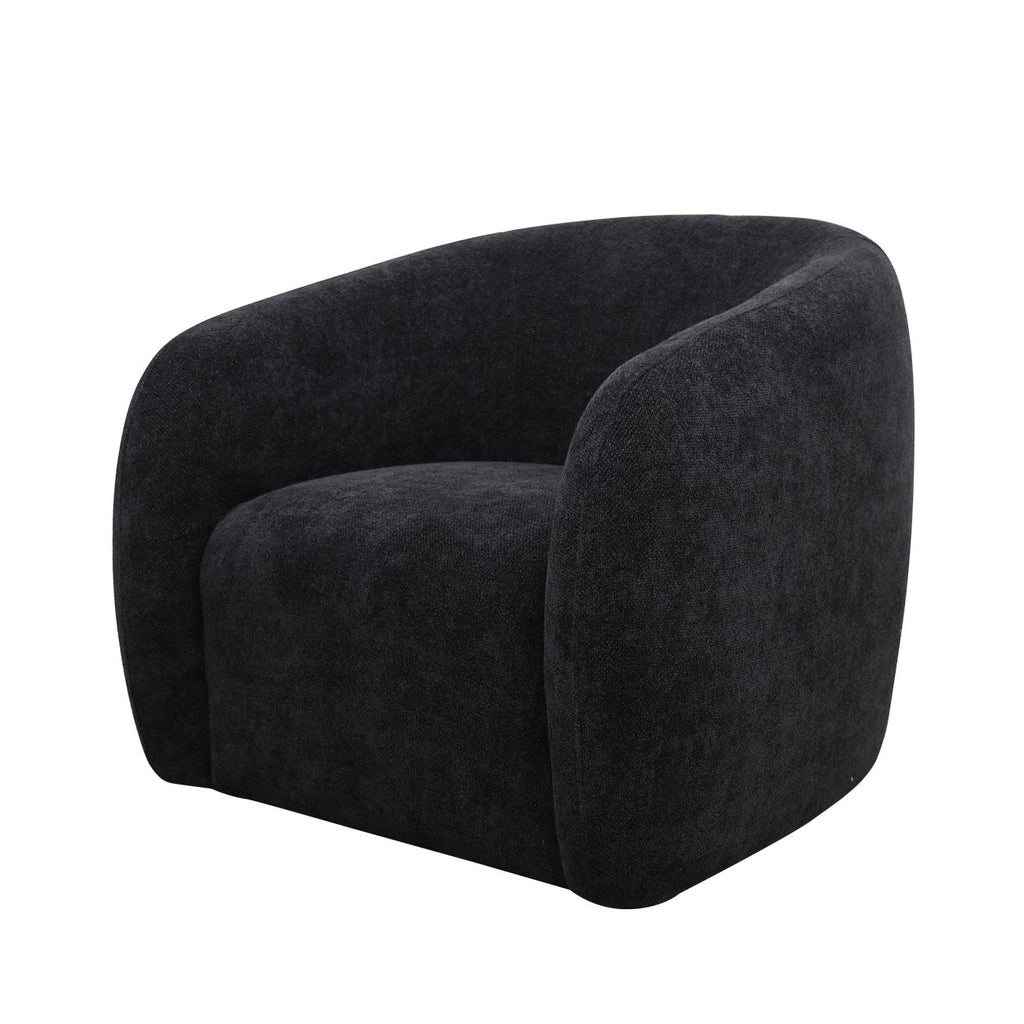Modern curved armchair in deep charcoal boucle with a low-profile, sculptural design.