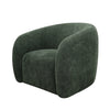 Curved armchair in deep forest green upholstery with a soft, textured finish and sculptural, cocoon-style design.