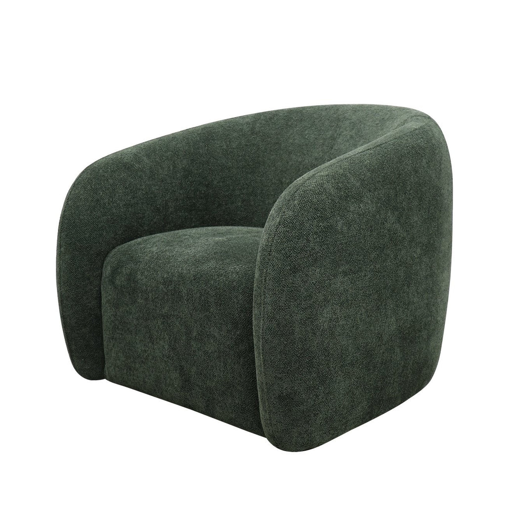 Curved armchair in deep forest green upholstery with a soft, textured finish and sculptural, cocoon-style design.